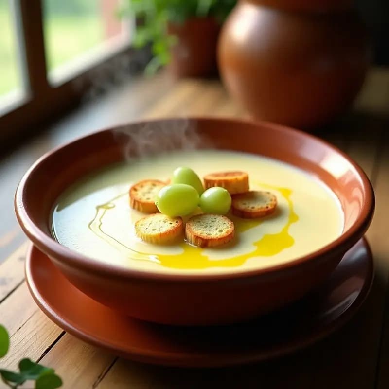 Cuenco de barro humeante con sopa de ajo blanco de Málaga, cremosa y espesa, acompañada de rebanadas de pan tostado y uvas blancas, con un hilo de aceite de oliva virgen extra.