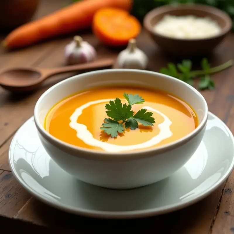 Cuenco blanco con sopa cremosa de color dorado, decorada con perejil fresco y un hilo de aceite de oliva. Al fondo, rodajas de ajo negro y zanahoria asada. Receta de sopa antioxidante con cúrcuma.