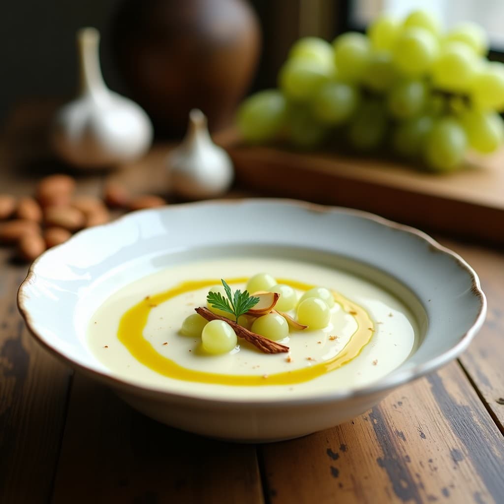 Cuenco de cerámica blanca con sopa ajoblanco cordobés cremosa, decorada con uvas blancas, trozos de manzana verde y un hilo de aceite de oliva virgen extra, sobre una mesa rústica de madera con un fondo borroso de almendras y ajos.