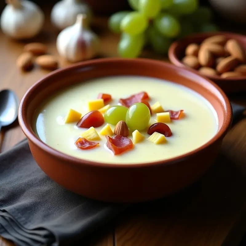 Cuenco de barro rústico con sopa ajo blanco cremosa, decorada con huevo picado, taquitos de jamón serrano y uvas verdes. Receta de sopa ajo blanco con ajo negro extremeña.