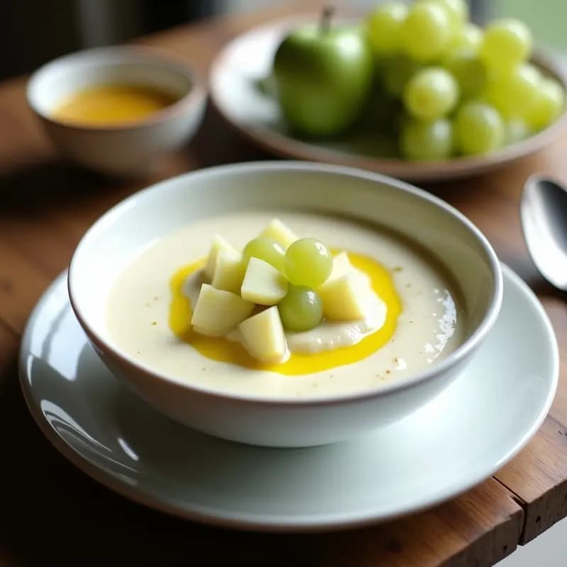 Cuenco de cerámica blanca con sopa ajoblanco cremosa, decorada con trozos de manzana verde y uvas blancas, hilo de aceite de oliva y fondo de tabla de madera rústica.