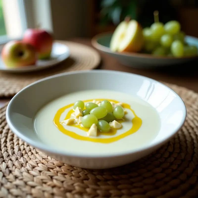 Cuenco de cerámica blanca con sopa ajoblanco malagueña cremosa, decorada con uvas verdes, manzana en cubos y un hilo de aceite de oliva virgen extra.