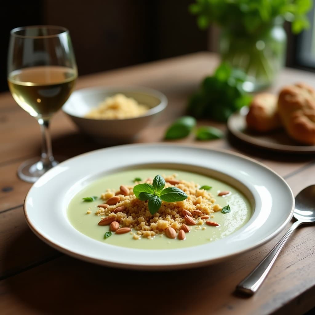 Plato hondo de cerámica blanca con sopa de albahaca y almendras vegana, de color crema con vetas verdes, coronada con almendras tostadas picadas, hojas de albahaca fresca y crujientes cubos de pan de centeno dorado. Fondo rústico con mantel de lino y aceite de oliva en un cuenco pequeño.