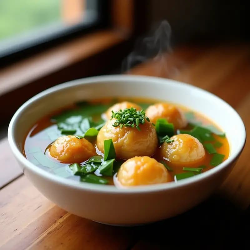 Plato hondo blanco con sopa caliente de albóndigas de tofu doradas, espinacas verdes frescas y caldo aromático de jengibre, decorado con cebollino picado. Receta vegana china reconfortante.