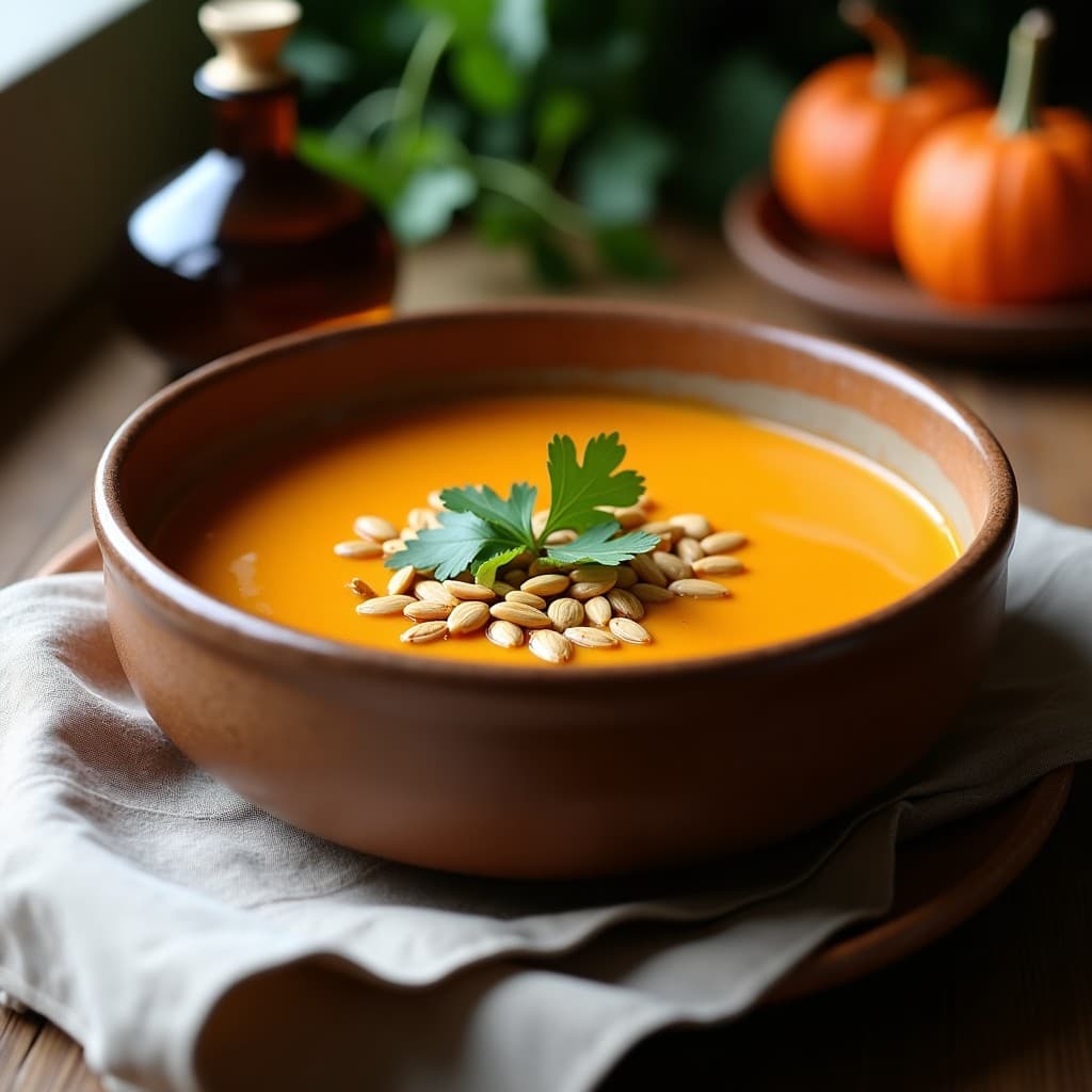 Plato hondo de barro con sopa cremosa de algarroba y calabaza, decorada con crujiente de semillas de girasol doradas y cilantro fresco, servida en mesa rústica con fondo borroso.