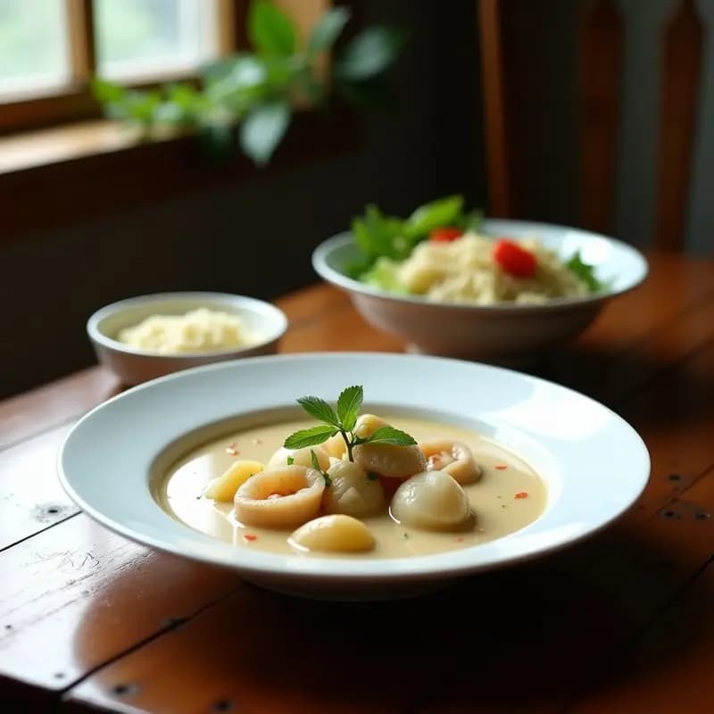 Cuenco hondo de cerámica blanca con sopa de almejas con leche de coco y lemongrass, decorado con cilantro fresco y rodajas de lima, sobre fondo de madera rústica con tallos de lemongrass y hojas de lima kaffir al lado.