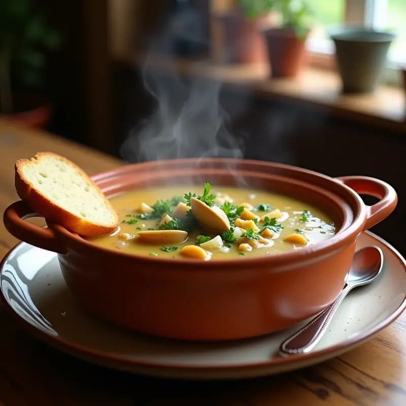 Cazuela de barro humeante con sopa de almejas a la marinera gallega, caldo dorado con trozos de almejas, cebolla, perejil y rebanada de pan tostado al lado.