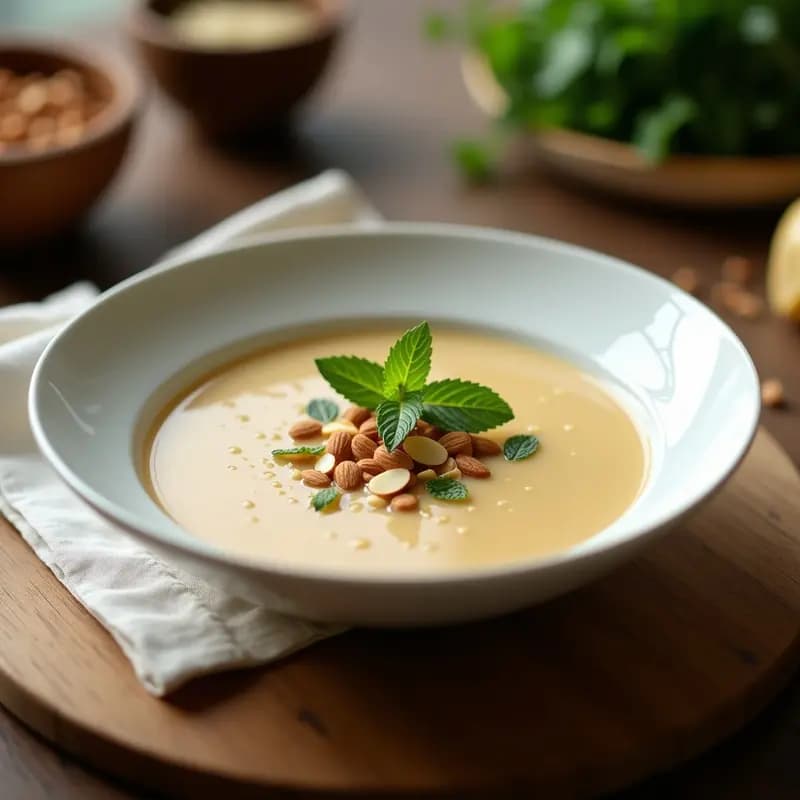 Cuenco de cerámica blanca con sopa de almendras andaluza fría, decorada con hojas de menta y almendras picadas, sobre fondo rústico de madera.