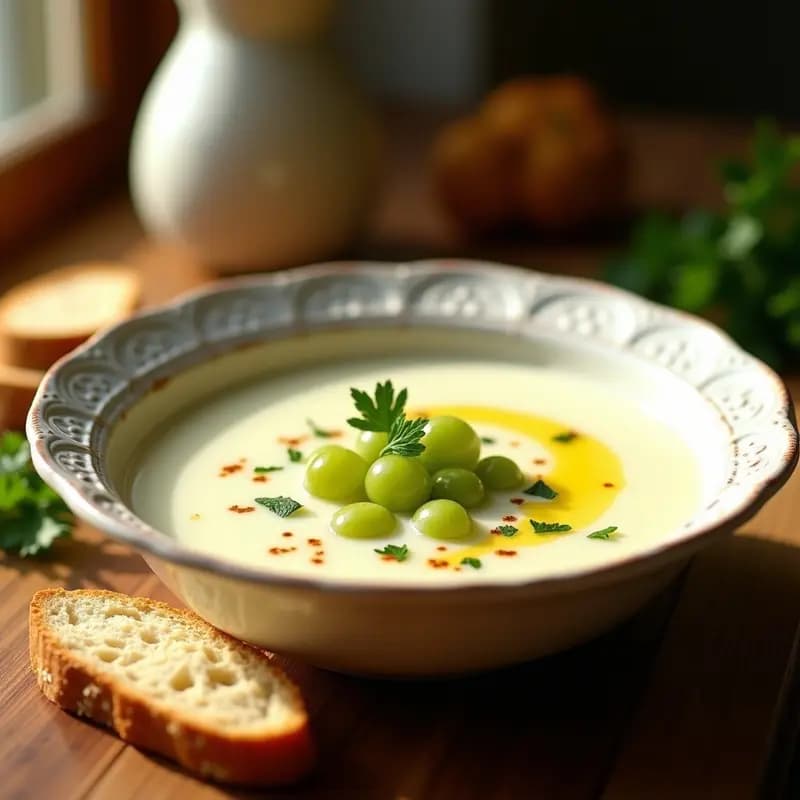 Cuenco de cerámica blanca con sopa de almendras fría andaluza, decorada con uvas verdes troceadas y perejil fresco. Chorrito de aceite de oliva virgen extra en la superficie. Fondo de mesa de madera rústica con pan de telera al lado.