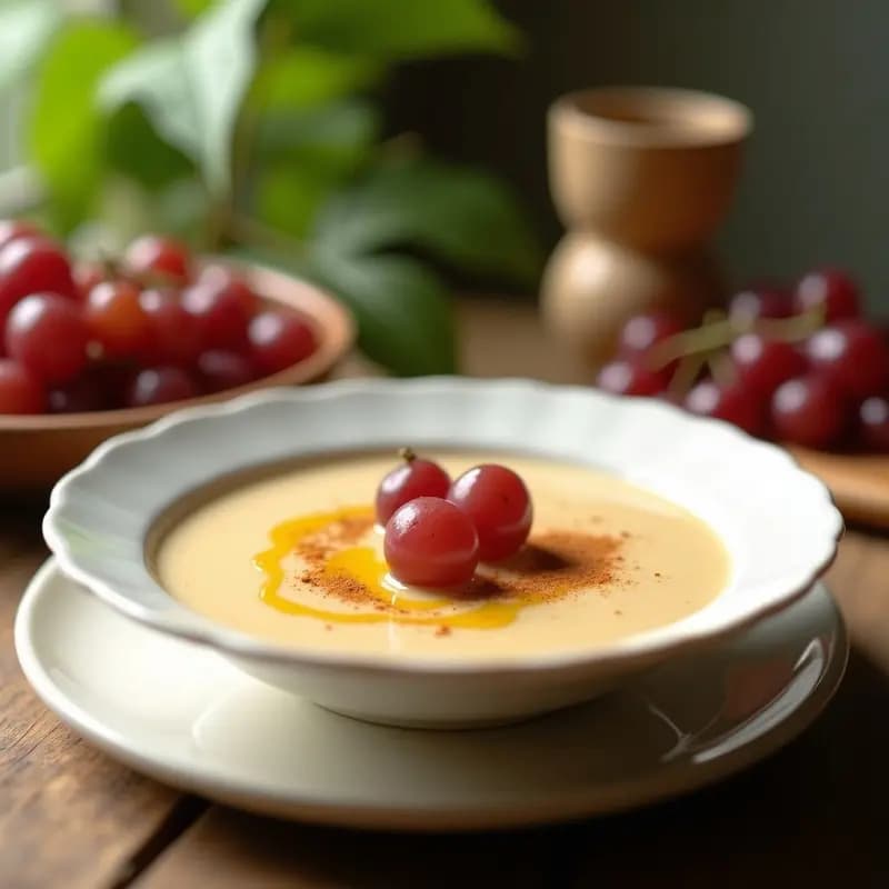 Cuenco de cerámica blanca con sopa de almendras fría cremosa, decorada con uvas moscatel enteras, un hilo de aceite de oliva y canela en polvo, sobre una mesa rústica con fondo de verano.