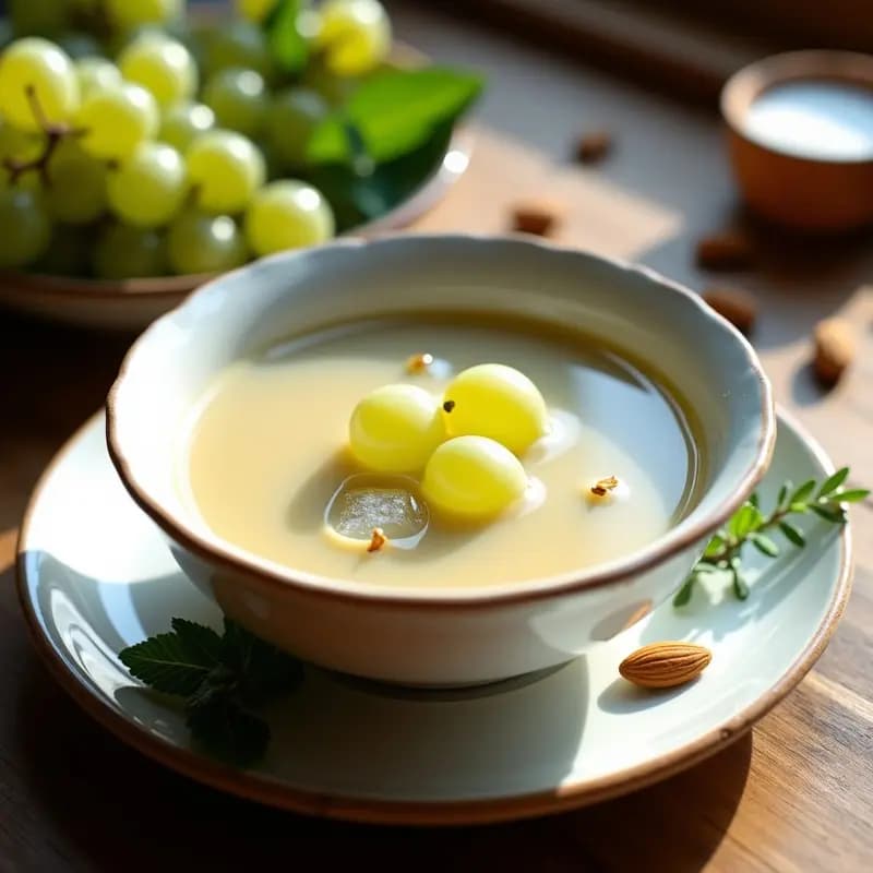 Cuenco de cerámica blanca con sopa de almendras fría cremosa, decorada con uvas blancas enteras y un hilo de aceite de oliva virgen extra, sobre una mesa rústica de madera con hielos flotando. Receta estival de la Sierra Nevada.