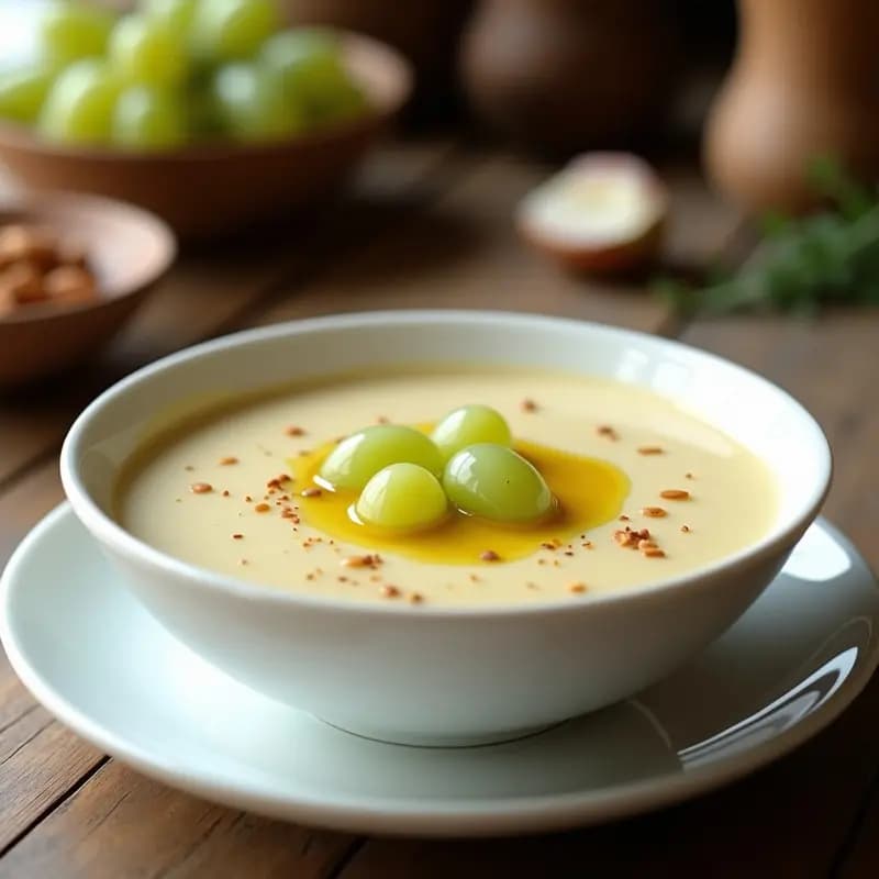 Cuenco de cerámica blanca con sopa de almendras fría andaluza, cremosa y de color beige claro, decorada con uvas verdes troceadas y un hilo de aceite de oliva virgen extra, sobre una mesa rústica de madera con fondo borroso de cocina tradicional.