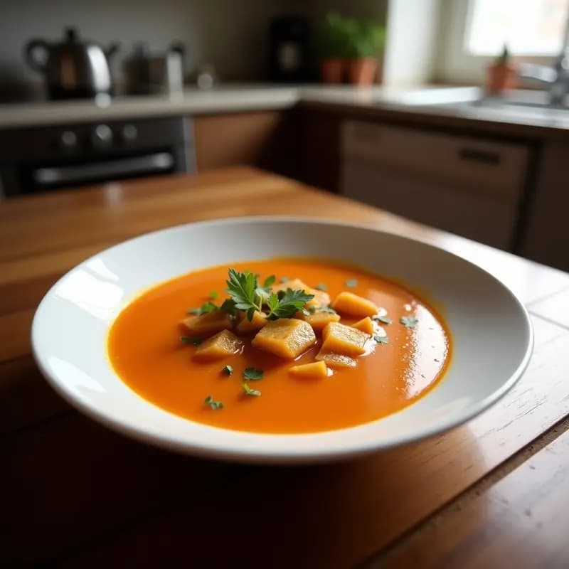 Cuenco blanco con sopa de almendras con higos secos, entrante frío de la Costa Blanca, decorado con hojas de menta fresca y un hilo de aceite de oliva virgen extra sobre una mesa rústica de madera.