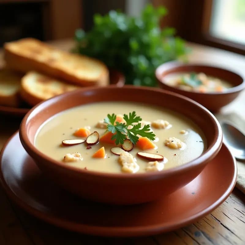 Cuenco de cerámica blanca con sopa de almendras con pollo andaluza, cremosa y dorada, decorada con huevo duro picado y perejil fresco. Plato frío servido con rebanadas de pan tostado al lado, sobre una mesa de madera rústica con fondo de cocina tradicional.