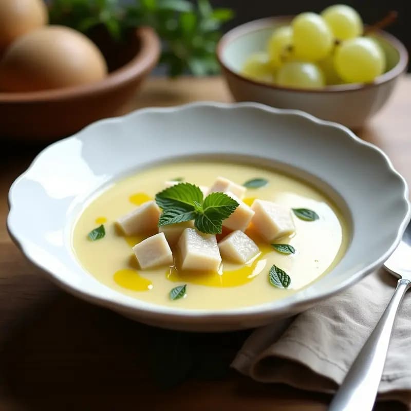 Cuenco de cerámica blanca con sopa de almendras cremosa, trozos de bacalao desalado y uvas blancas frescas, decorada con aceite de oliva virgen extra y hojas de menta. Plato refrescante típico andaluz para el verano.