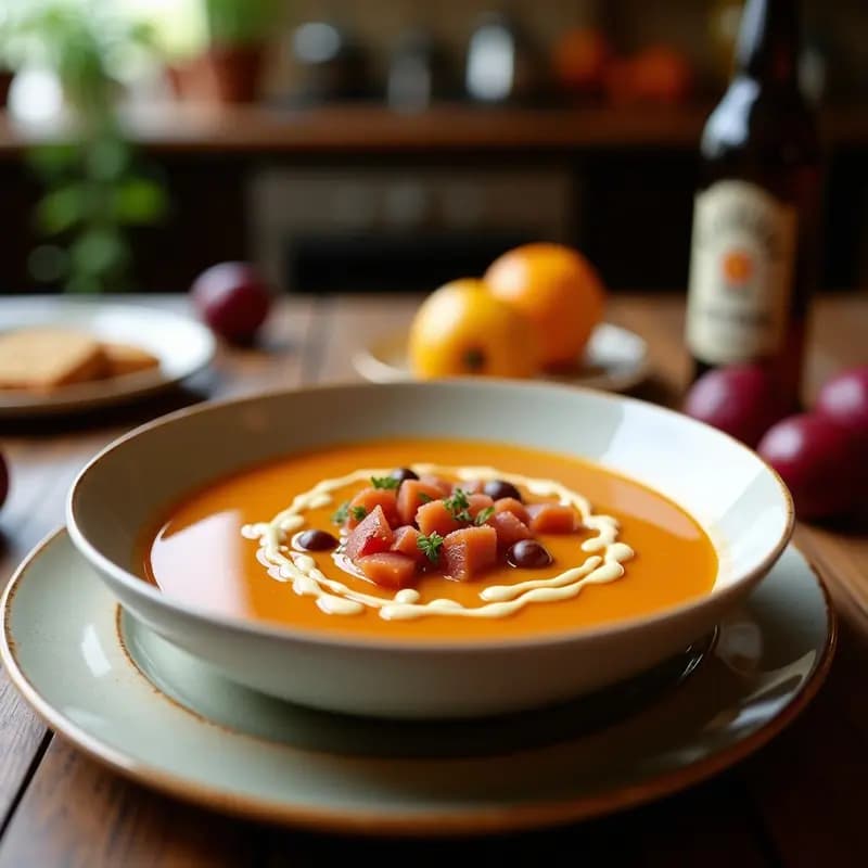 Cuenco de cerámica blanca con sopa de almendras cremosa, decorada con uvas blancas partidas, taquitos de jamón serrano y un hilo de aceite de oliva virgen extra sobre fondo rústico de madera.