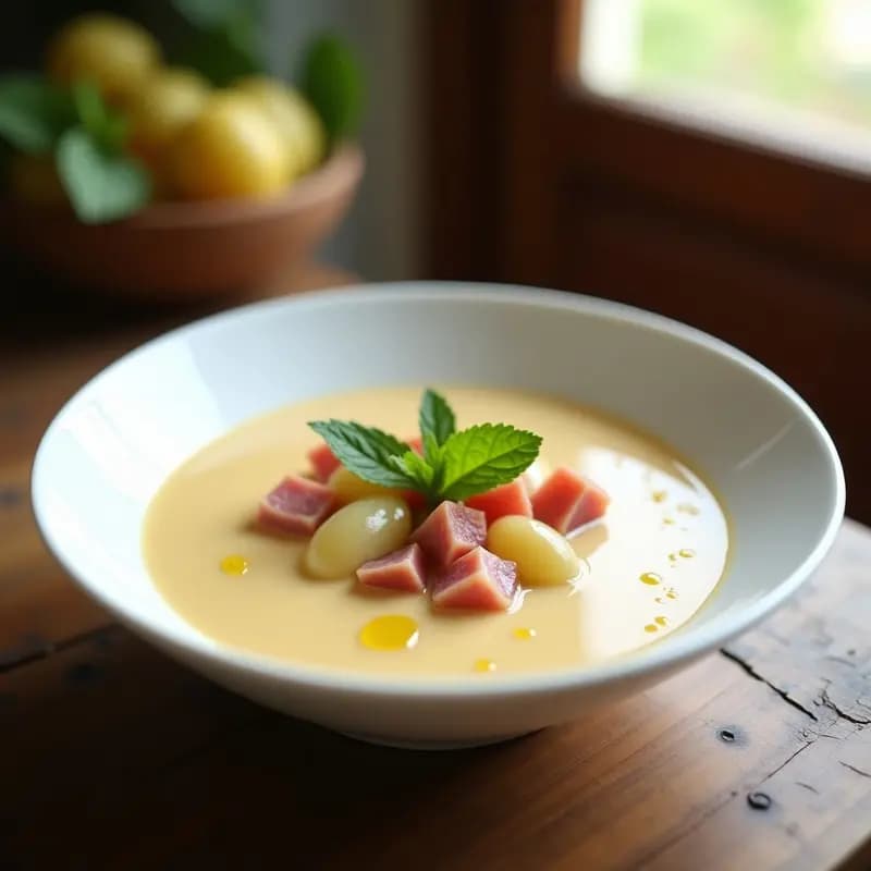 Cuenco de cerámica blanca con sopa fría de almendras cremosa, decorada con taquitos de jamón serrano, uvas blancas partidas y hojas de menta fresca, sobre una mesa rústica de madera con fondo de verano andaluz.