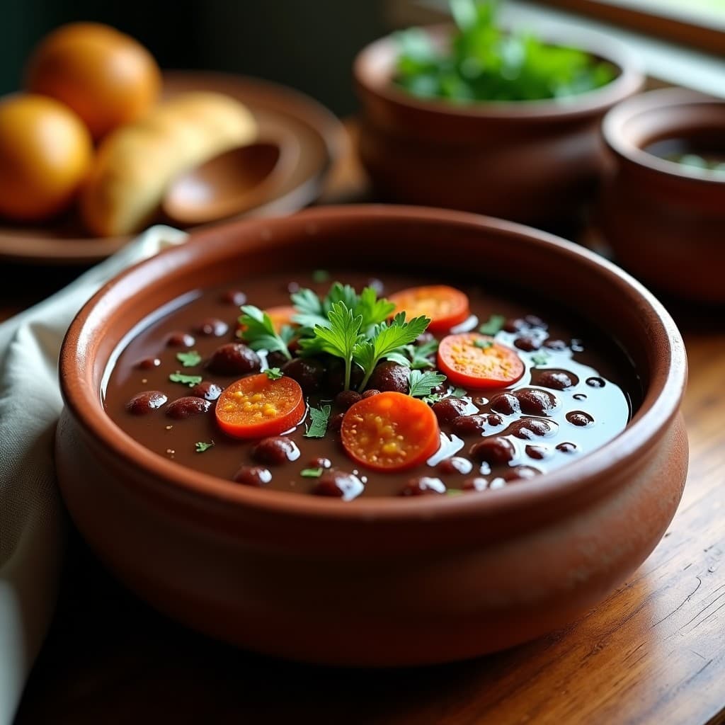 Plato hondo de barro con sopa espesa de alubias negras, chorizo vegano en rodajas doradas y cilantro fresco picado, servida con un toque de pimentón espolvoreado por encima. Receta cubana de sopa de alubias negras con chorizo vegano y pimentón en olla exprés.