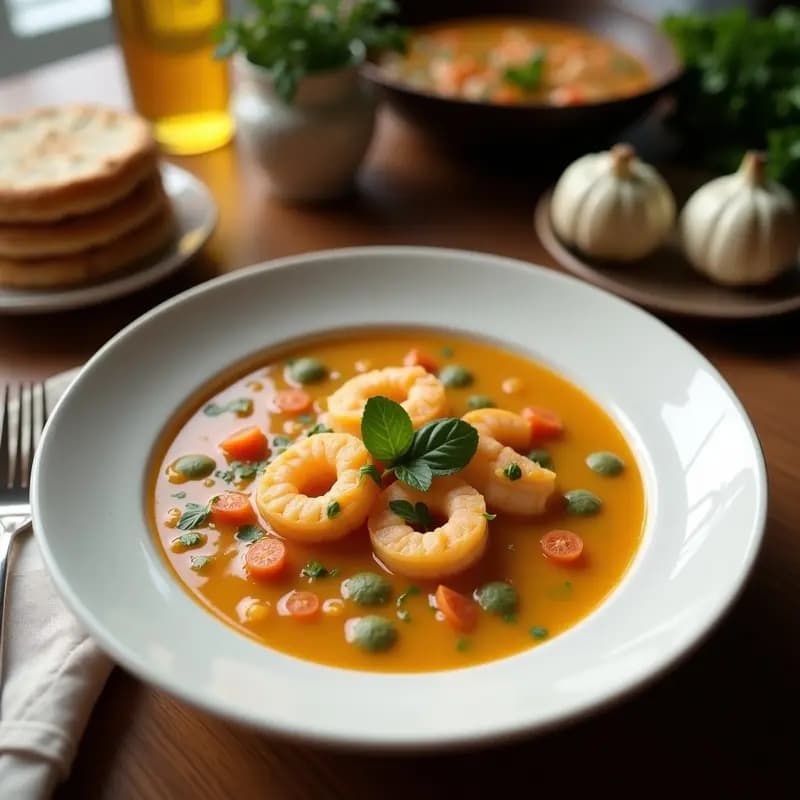 Plato hondo de barro con sopa cremosa de apepino, camarones rosados y trozos de calabaza, espolvoreada con queso fresco y culantro, acompañada de pan tostado.