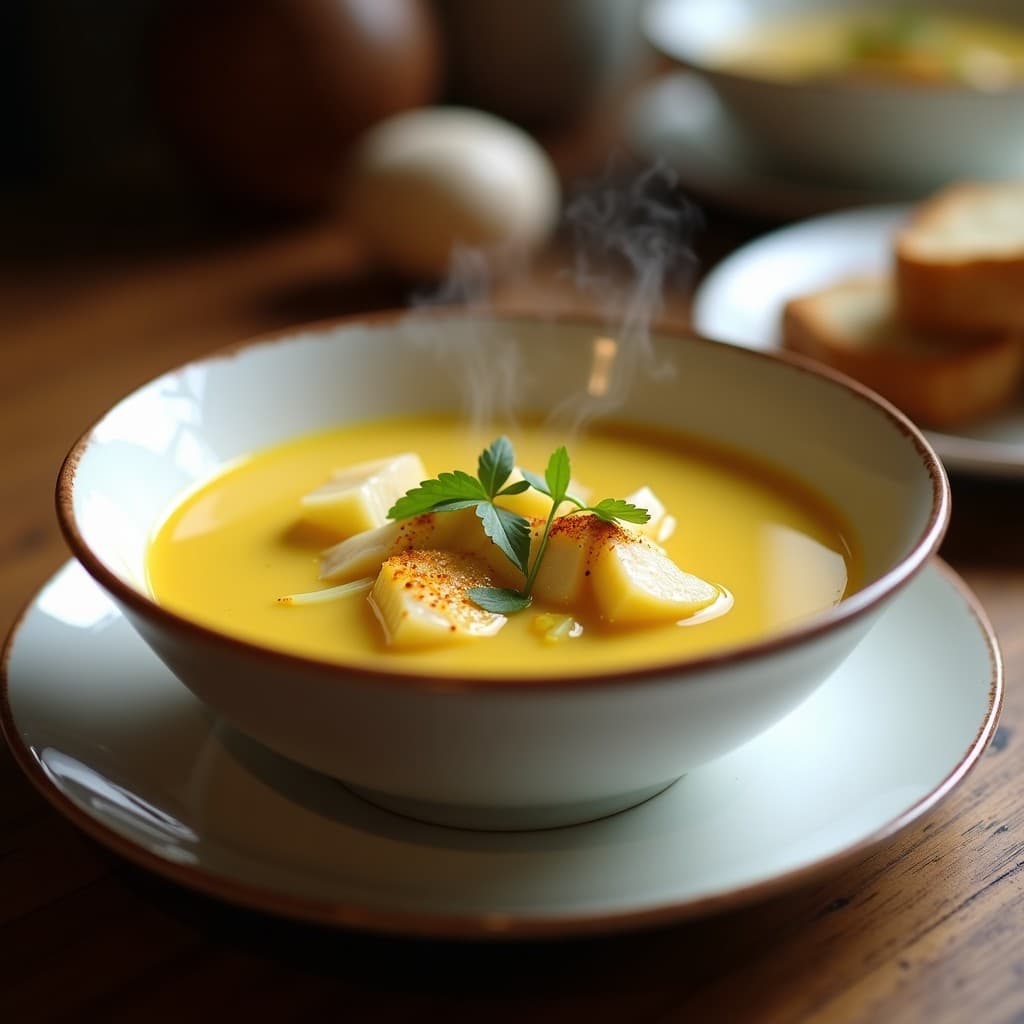 Sopa de bacalao con puerros y azafrán en plato hondo blanco, con trozos de bacalao desmenuzado, rodajas de puerro y perejil fresco. Color dorado intenso por el azafrán, textura cremosa y humeante.