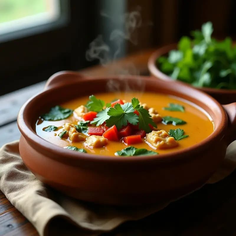 Cazuela de barro humeante con sopa de cacahuete y pollo africana, espesa y cremosa, con trozos de pollo, maní tostado y hierbas frescas flotando. Acompañada de pan de maíz y decorada con hojas de albahaca, sobre una mesa rústica de madera.