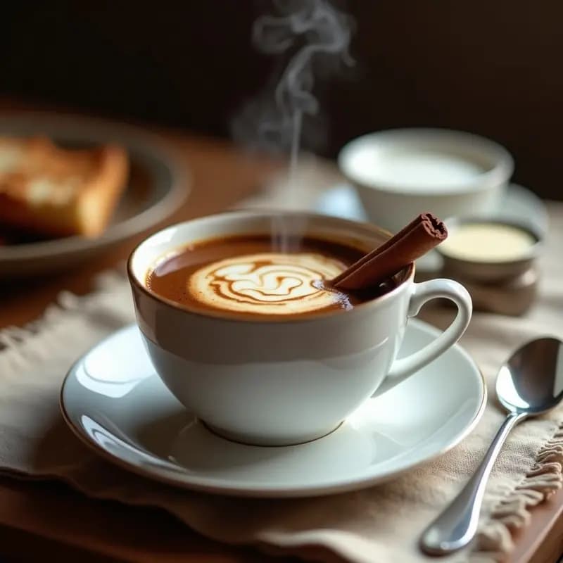 Taza de porcelana blanca con sopa de café humeante, remolinos de leche condensada en la superficie y una rama de canela como decoración, sobre un mantel rústico de lino.