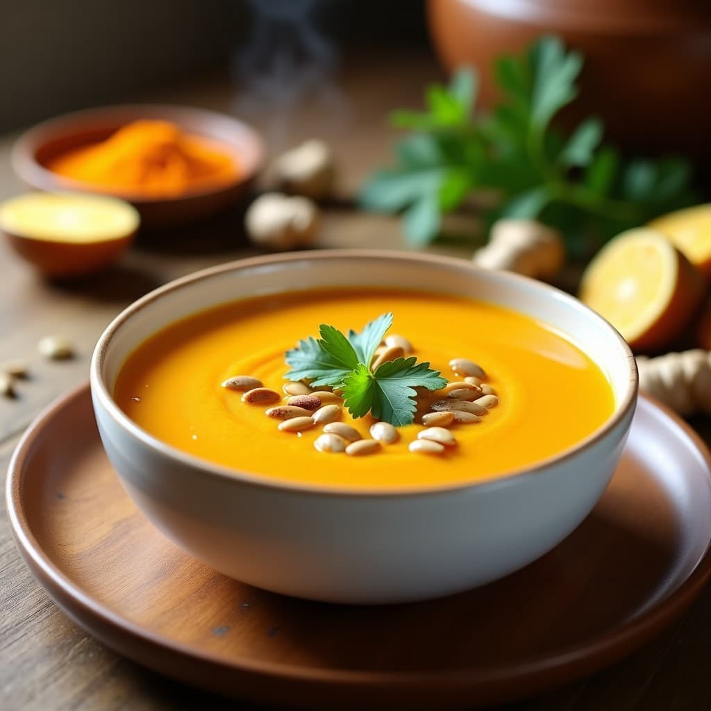 Cuenco de cerámica blanca con sopa cremosa de calabaza butternut, color dorado intenso por la cúrcuma, decorada con cilantro fresco y semillas de calabaza tostadas. Fondos borrosos de especias como jengibre y comino sobre una mesa de madera rústica, receta ayurvédica en Thermomix.
