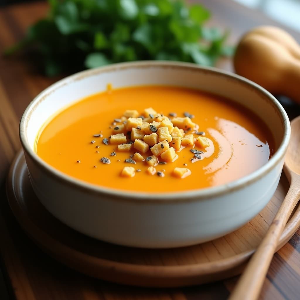 Plato hondo de cerámica blanca con sopa de calabaza butternut y jengibre de color naranja intenso, decorada con crutones dorados de amapola. Fondos borrosos de hierbas frescas y una cuchara de madera. Receta sin lactosa en Thermomix.