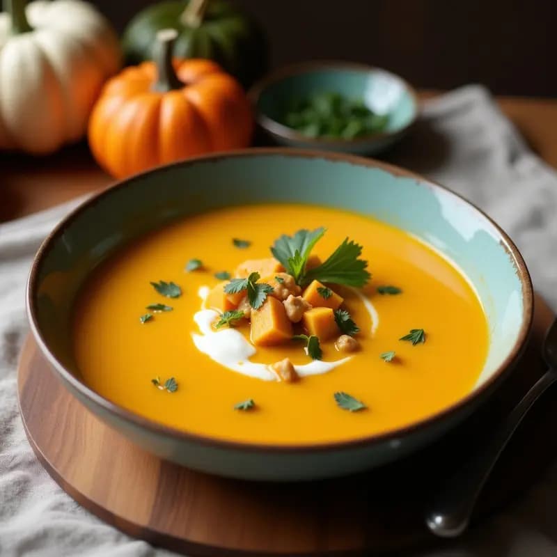Cuenco blanco hondo con sopa de calabaza y coco con curry vegana, decorada con cilantro fresco y semillas de calabaza tostadas, sobre fondo rústico de madera.