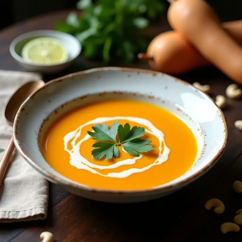 Cuenco blanco con sopa de calabaza butternut y jengibre con leche de anacardos, decorada con cilantro fresco y un hilo de leche de anacardos en espiral, sobre fondo de madera rústica.