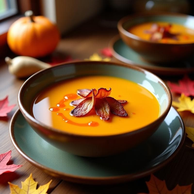 Cuenco hondo de barro con sopa de calabaza butternut y jengibre cremosa, decorada con tiras doradas de tocino de tempeh y perejil fresco picado. Plato otoñal reconfortante preparado en Thermomix.