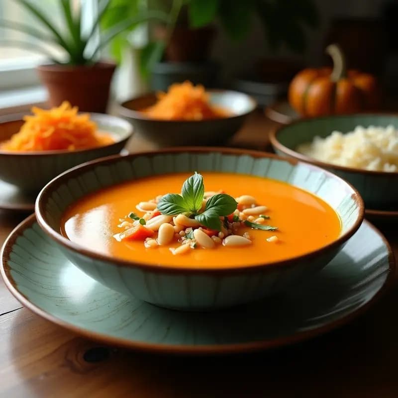 Cuenco hondo de cerámica blanca con sopa de calabaza negra y coco, cremosa y de color naranja intenso, decorada con cilantro fresco picado y coco rallado. Al fondo, una cuchara de madera y una rodaja de limón. Estilo tailandés reconfortante.