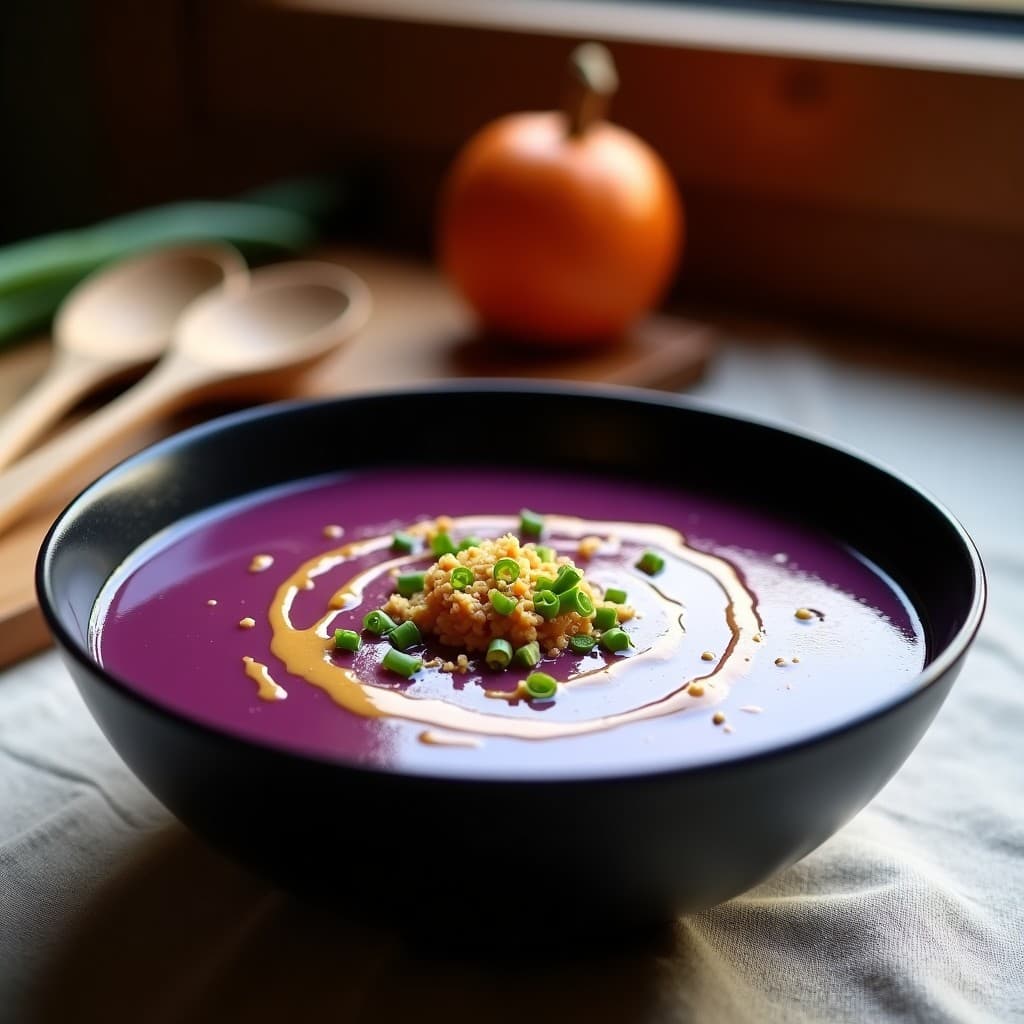 Plato hondo de cerámica negra con sopa de camote y cacahuete de color morado intenso, adornada con mantequilla de cacahuete cremosa y crujiente de cebollino verde brillante. Fondo rústico con mantel de lino y utensilios de madera.