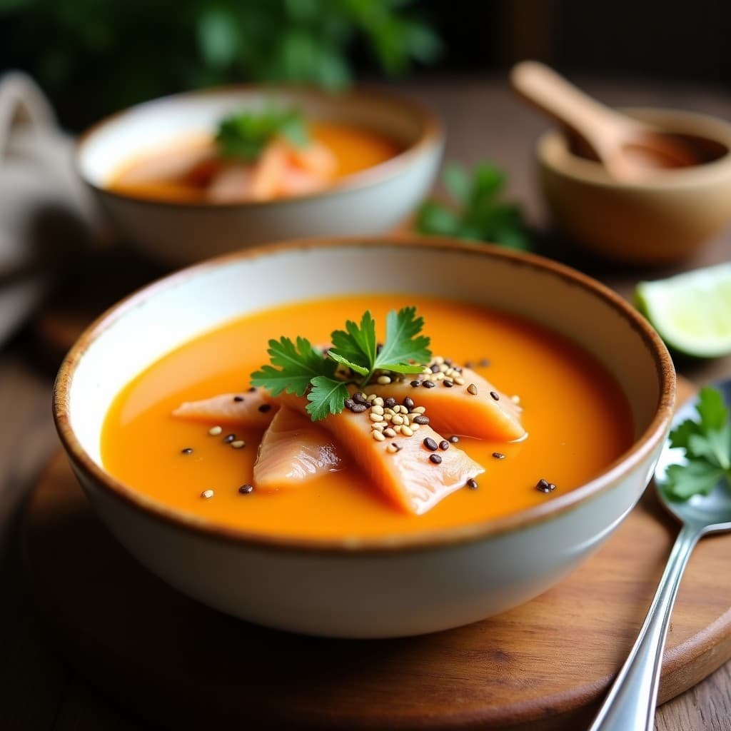 Plato hondo de cerámica blanca con sopa de camu camu y jengibre, trozos de salmón rosado, cilantro fresco y semillas de sésamo tostadas. Receta peruana antioxidante con fondo de madera rústica.