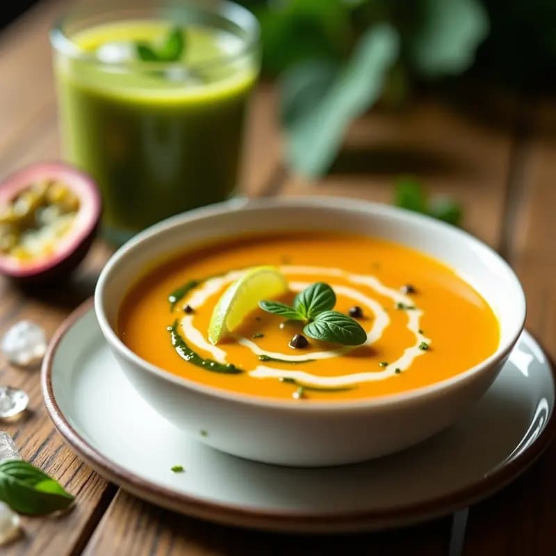 Bol de cerámica blanca con sopa de camu camu y maracuyá con espirulina, de color naranja intenso con vetas verdes, decorada con hielo picado y una rodaja de limón. Bebida detox y rica en vitamina C.