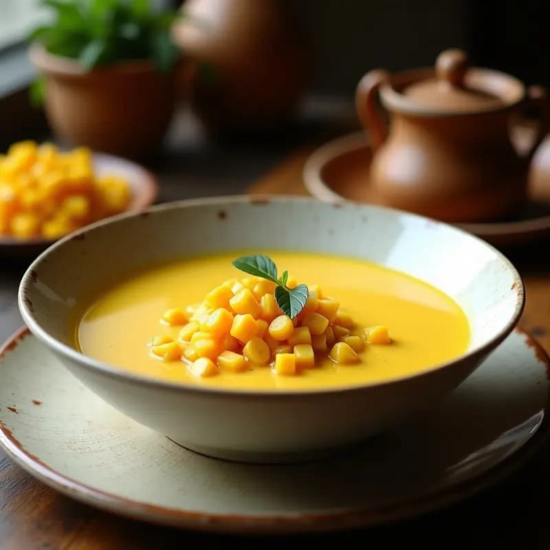 Olla humeante con sopa de cangrejo y maíz caribeña, de color dorado por el azafrán, con trozos de cangrejo y granos de maíz flotando en una base cremosa de leche de coco. Decorada con cilantro fresco y rodajas de limón verde, servida en un cuenco rústico de barro.