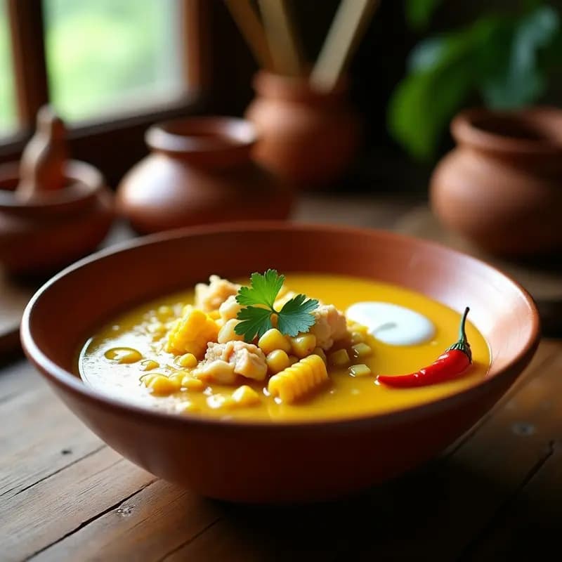 Sopa costarricense de cangrejo y maíz en plato hondo de barro, con trozos de cangrejo azul, rodajas de maíz tierno y yuca, bañada en caldo cremoso de leche de coco. Decorada con cilantro fresco, crema agria y un toque de chile panameño. Fondos borrosos de cocina rústica con ollas de barro.