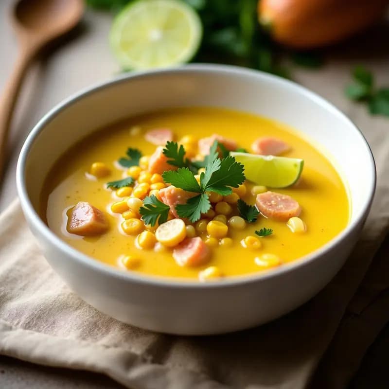 Plato hondo de cerámica blanca con sopa de cangrejo y maíz peruana, cremosa y espesa, con trozos de cangrejo azul, granos de maíz amarillo y cilantro fresco picado. Decorada con una rodaja de limón verde y servida sobre un mantel de lino rústico.