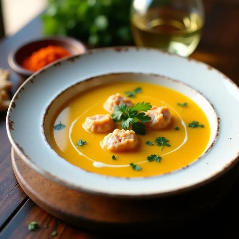 Cuenco hondo de cerámica blanca con sopa de cangrejo humeante, caldo dorado por el azafrán, trozos de cangrejo fresco y perejil picado. Fondo rústico con servilleta de lino y rebanada de pan tostado.