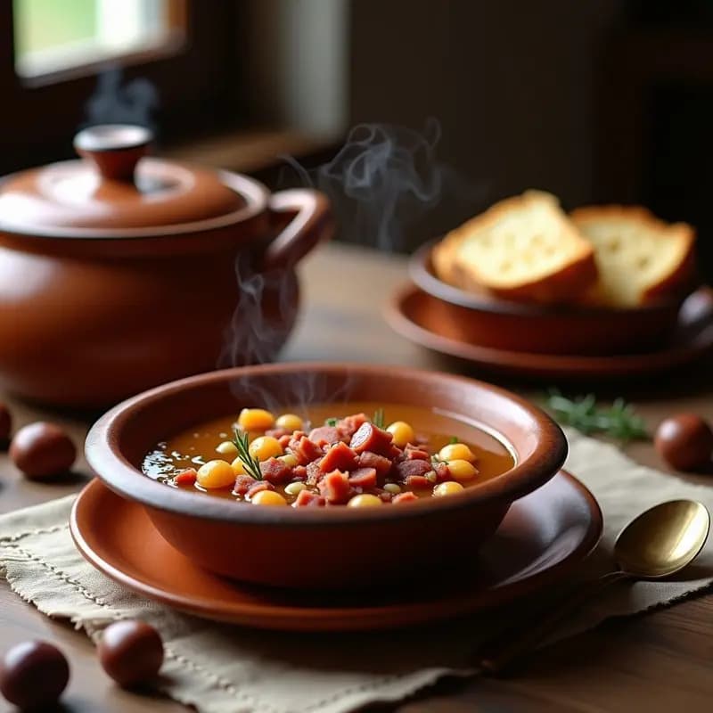 Olla de barro humeante con sopa castellana de castañas, trozos de panceta, chorizo y morcilla, servida en cuencos de cerámica con pan rústico tostado al lado.