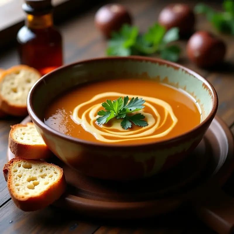 Cuenco de barro humeante con sopa de castañas cremosa, decorada con perejil fresco y acompañada de pan tostado integral, con un chorrito de Pedro Ximénez visible.
