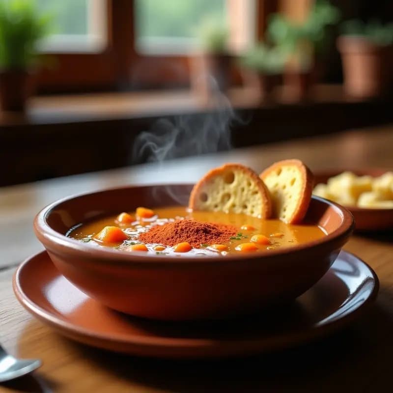 Cuenco de barro humeante con sopa de castañas cremosa, espolvoreada con pimentón y acompañada de pan de maíz tostado, receta de olla lenta.