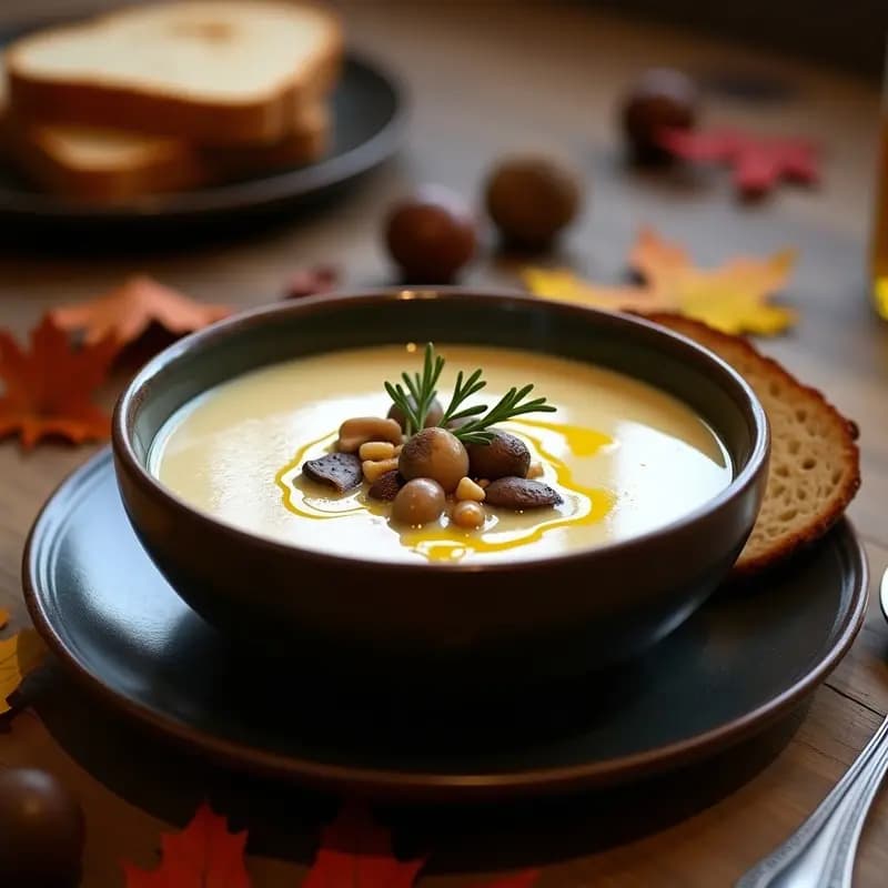 Cuenco de cerámica oscura con sopa cremosa de castañas y setas, decorada con un hilo de aceite de oliva y pan tostado integral, sobre fondo rústico de madera con hojas de otoño.