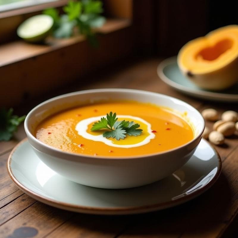 Cuenco hondo de cerámica blanca con sopa de castañas de cajú y calabaza, de color naranja intenso y textura cremosa, decorada con hojas de cilantro fresco y un chorrito de aceite de oliva. Fondo rústico de madera con una cucharón de madera y algunas castañas de cajú enteras alrededor.