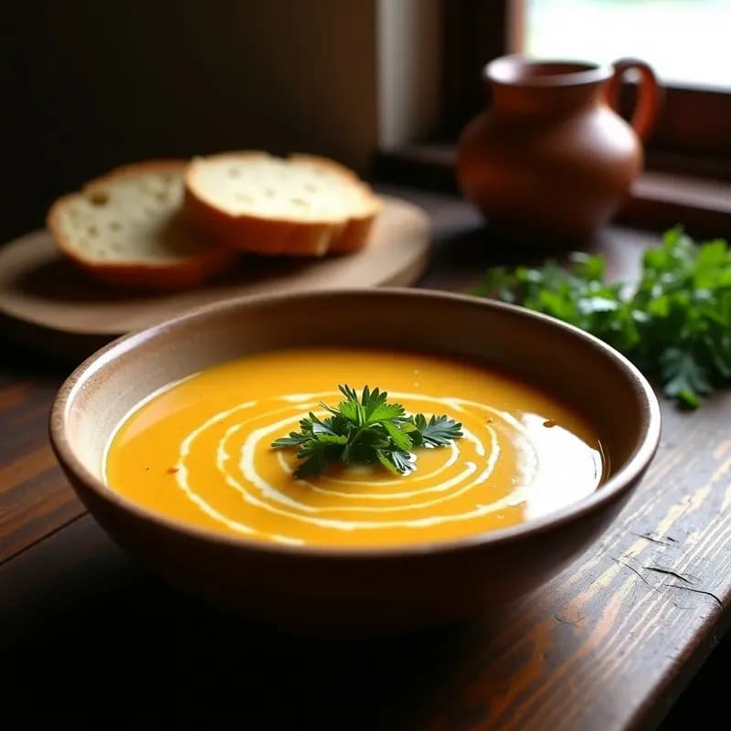 Plato hondo de barro con sopa de castañuelas andaluza, espesa y cremosa, decorada con perejil fresco y un hilo de aceite de oliva virgen extra.