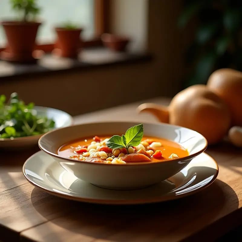 Cuenco de barro humeante con sopa castellana tradicional, pan tostado, huevo escalfado y perejil fresco, receta gourmet con truco de Joel Robuchon.