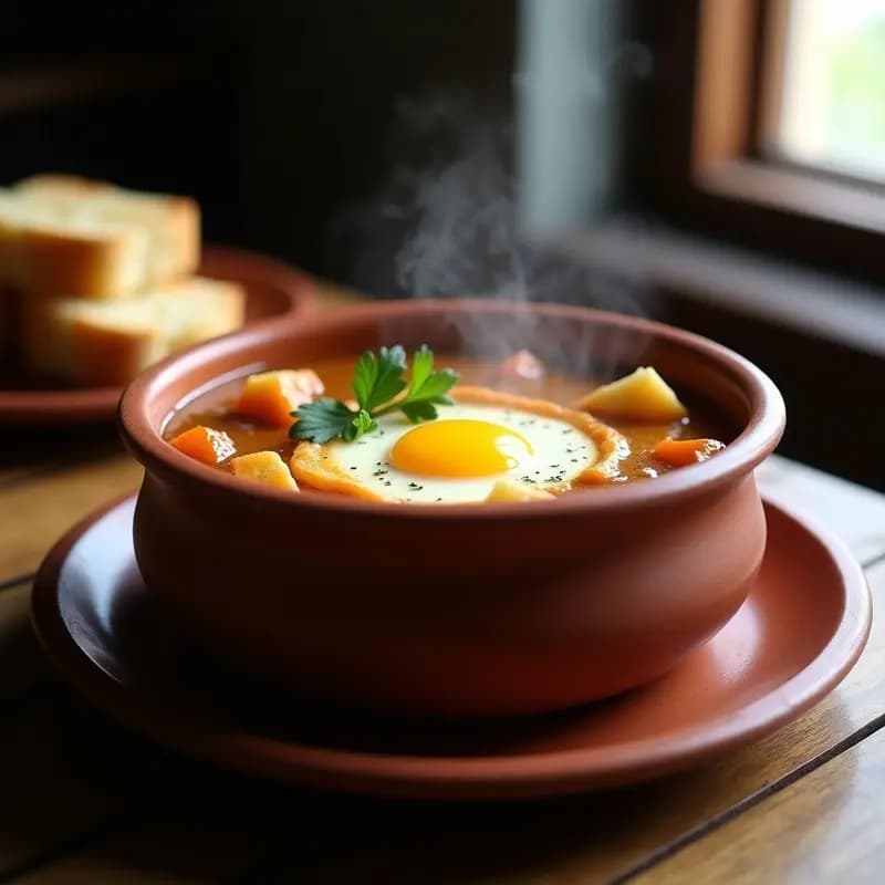 Cazuela de barro humeante con sopa castellana espesa, trozos de pan, huevo pochado en el centro y perejil fresco espolvoreado. Fondos de cocina rústica.