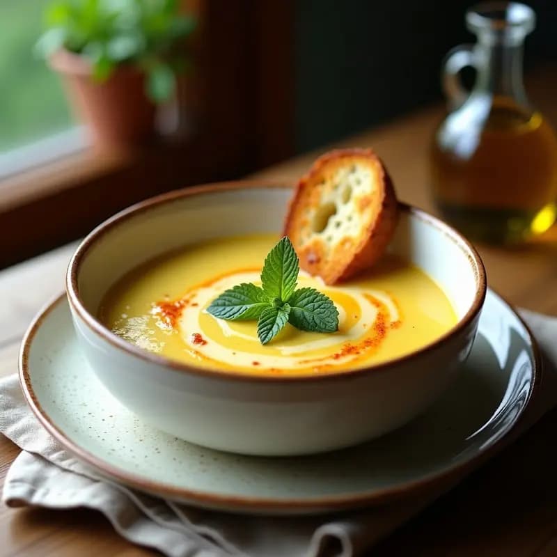 Cuenco hondo de cerámica blanca con sopa castellana vegana de coliflor, cremosa y humeante, decorada con pan tostado y hierbabuena fresca.