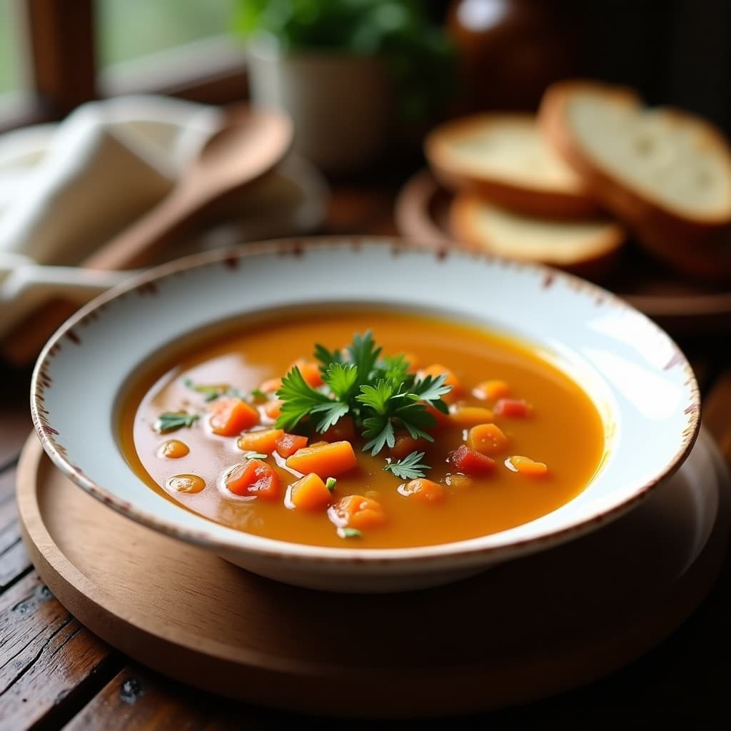 Plato hondo de cerámica blanca con sopa castellana vegana espesa, de color dorado intenso, decorada con perejil fresco y un hilo de aceite de oliva. Al fondo, rebanadas de pan tostado y una cuchara de madera.