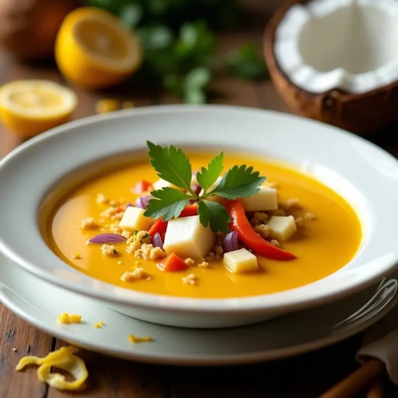 Cuenco negro de cerámica con sopa cremosa de cocotero y jengibre, decorada con láminas blancas de corazón de coco, virutas doradas de limón confitado y hojas verdes de cilantro. Fondo borroso con texturas tropicales, receta tailandesa detox y reconfortante.